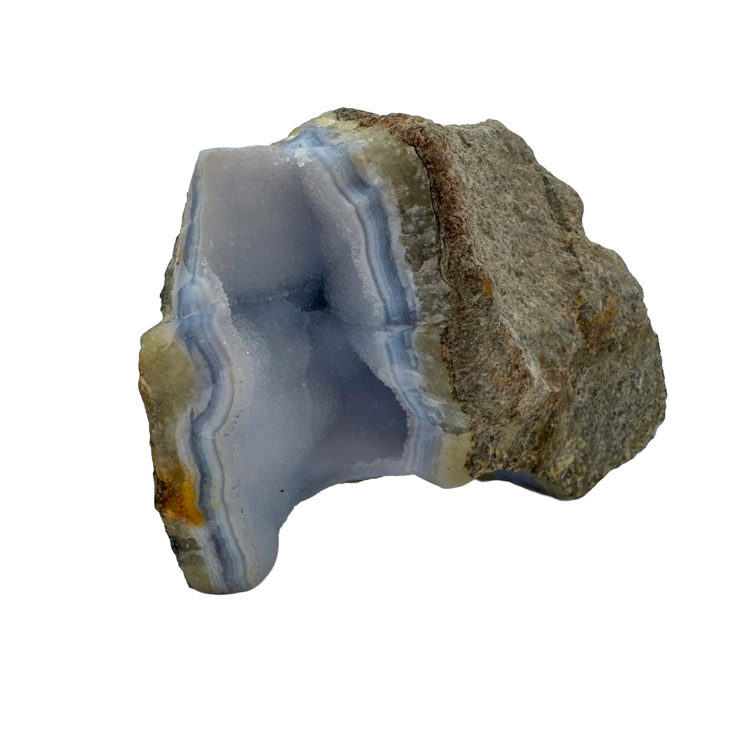 Top-down shot of Blue Lace Agate raw geode, showing natural banding, traditionally used for Stress Relief.