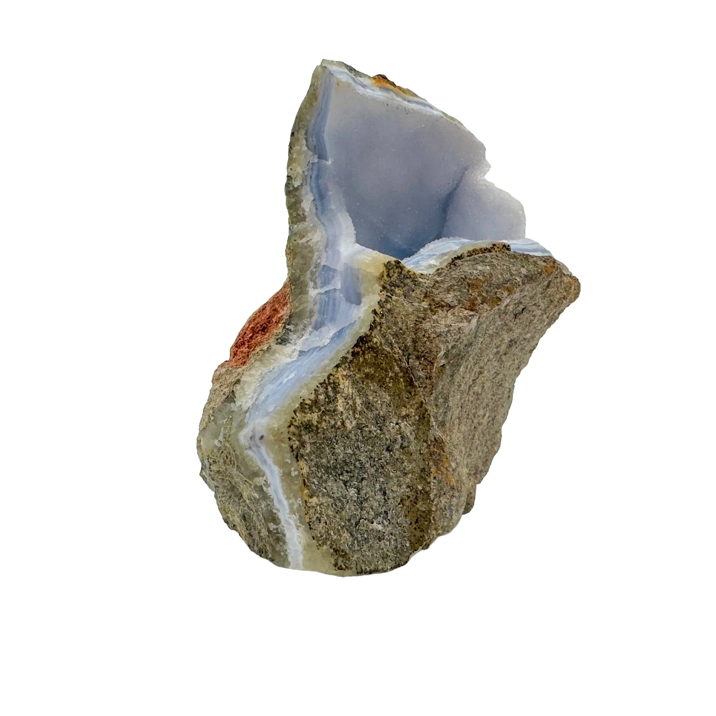 Alternate angle of Blue Lace Agate raw geode, showing characteristic patterning, traditionally used for Stress Relief.