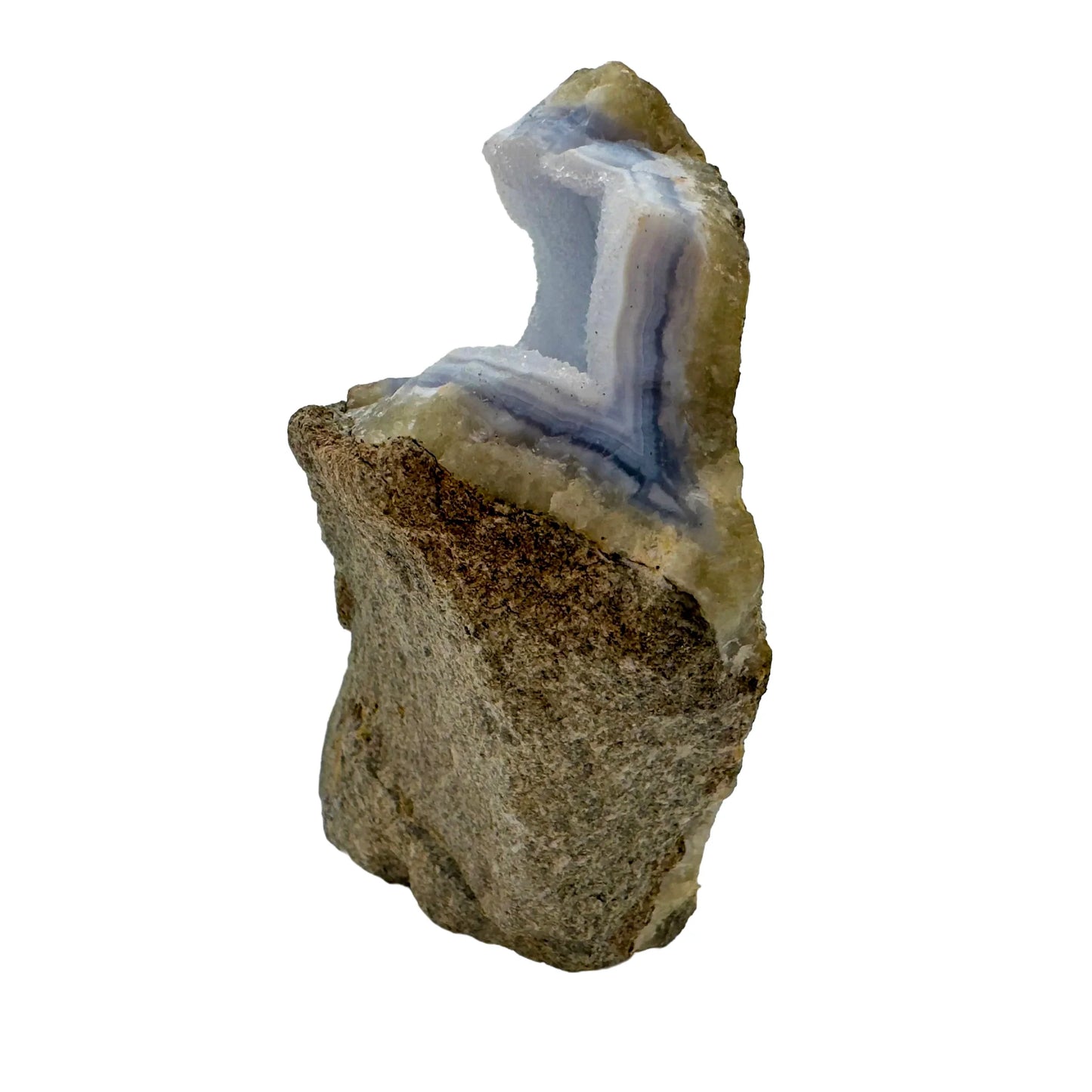 Hand-held view of a single Blue Lace Agate raw geode sourced from Malawi.