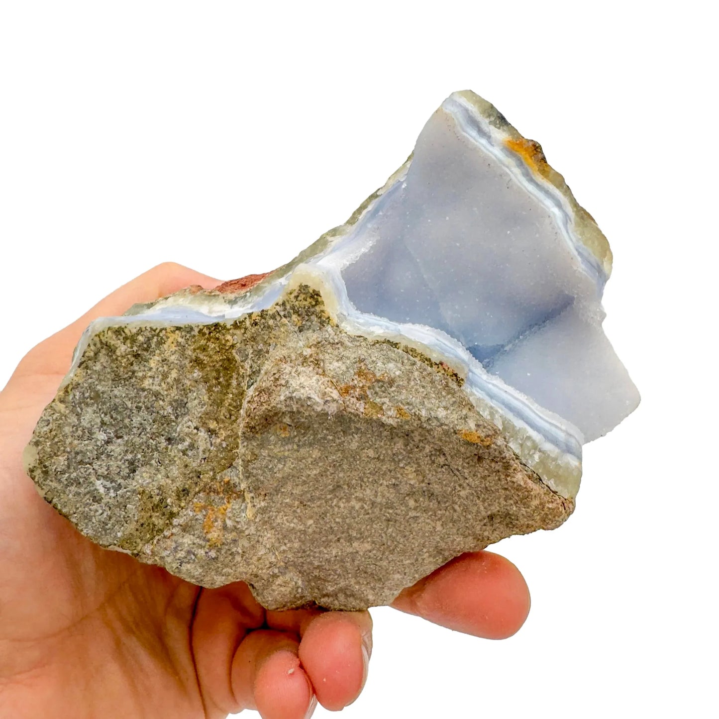Back view of Grade AA Blue Lace Agate geode showing natural surface