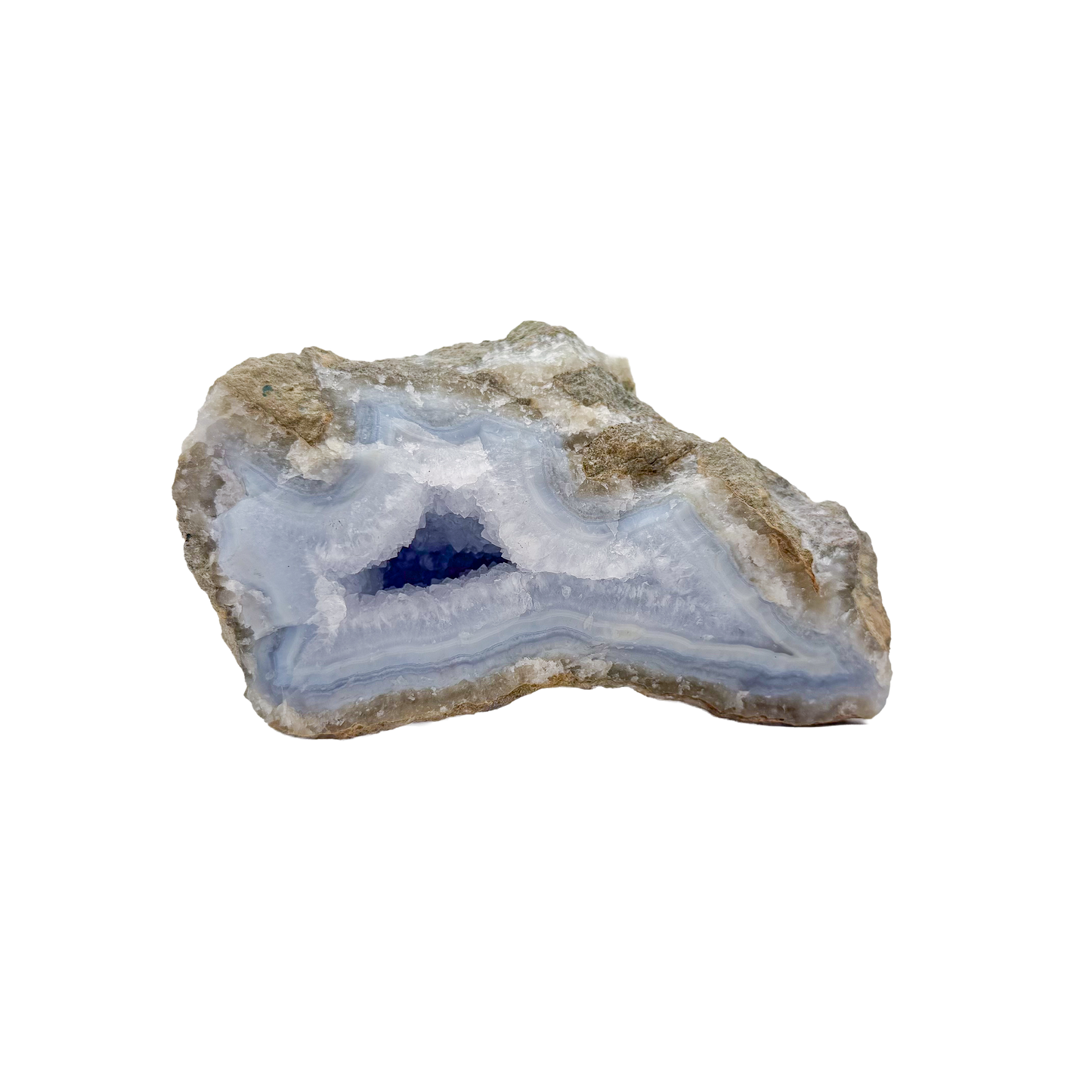 Blue lace agate raw geode from Malawi, AA grade, 5.48 inch piece with pale blue banded chalcedony in a natural cavity