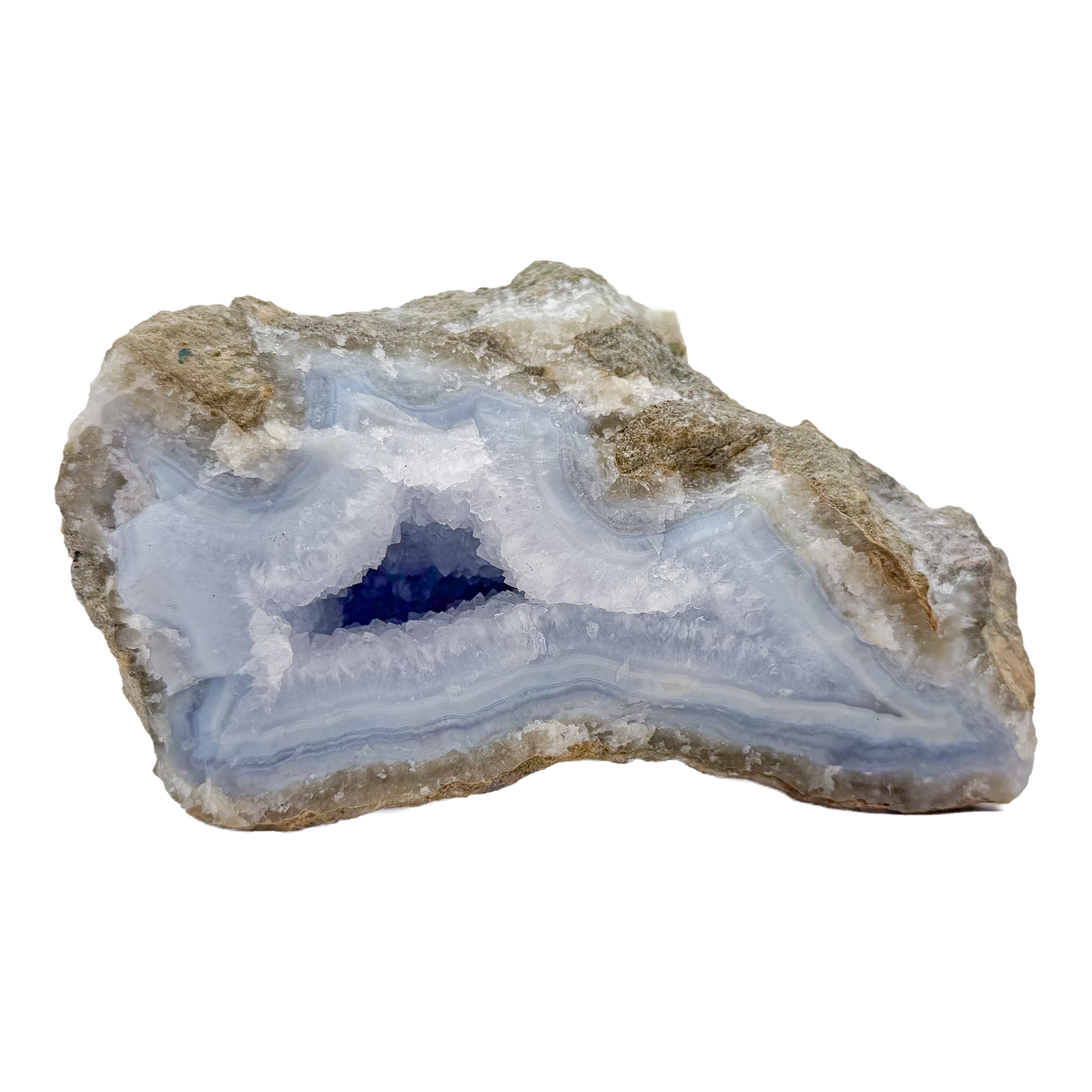 Blue lace agate raw geode from Malawi, AA grade, 5.48 inch piece with pale blue banded chalcedony in a natural cavity