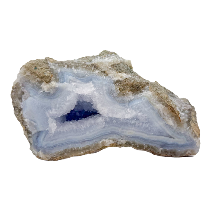 Blue lace agate raw geode from Malawi, AA grade, 5.48 inch piece with pale blue banded chalcedony in a natural cavity