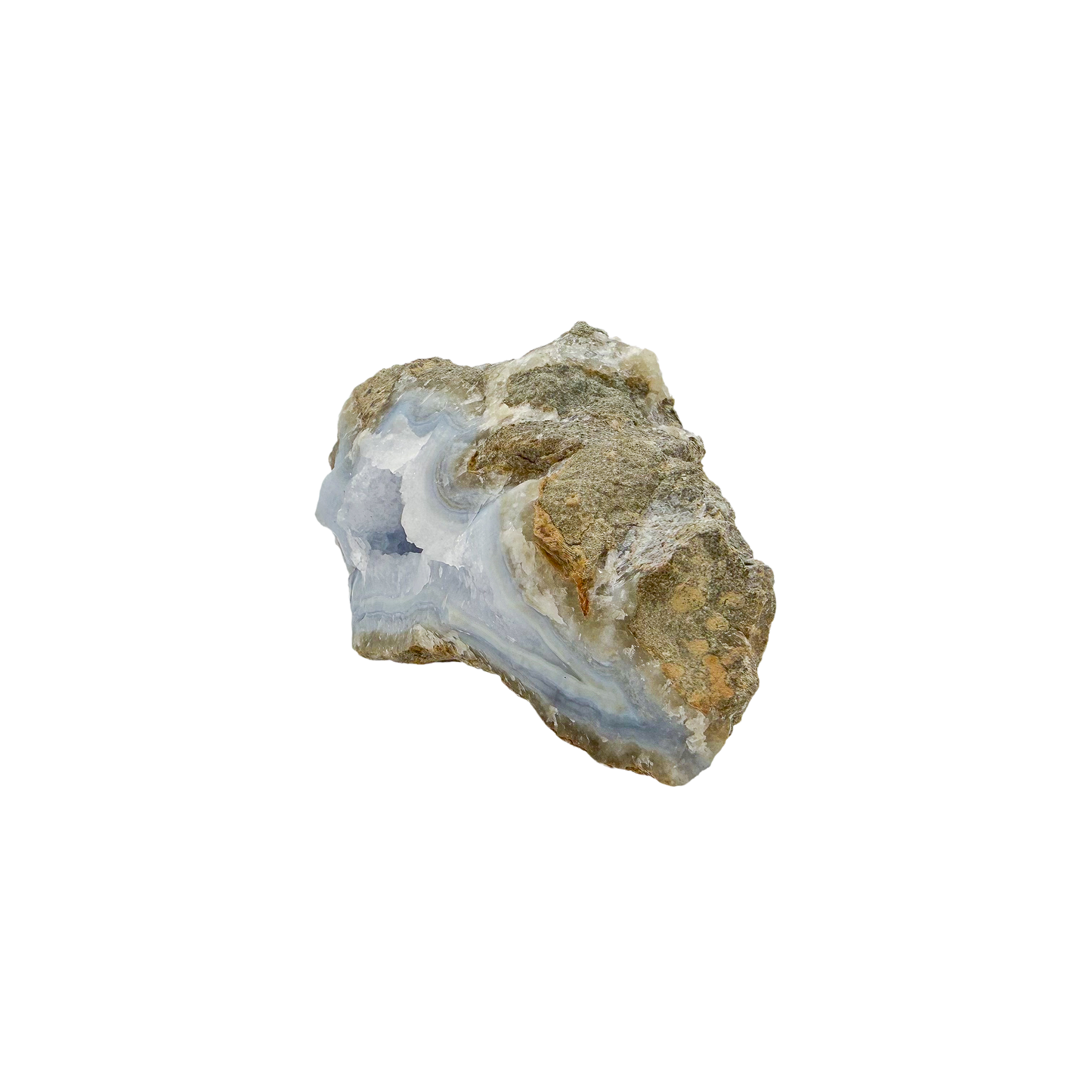 Blue lace agate raw geode from Malawi, uncut host rock framing the blue banded interior