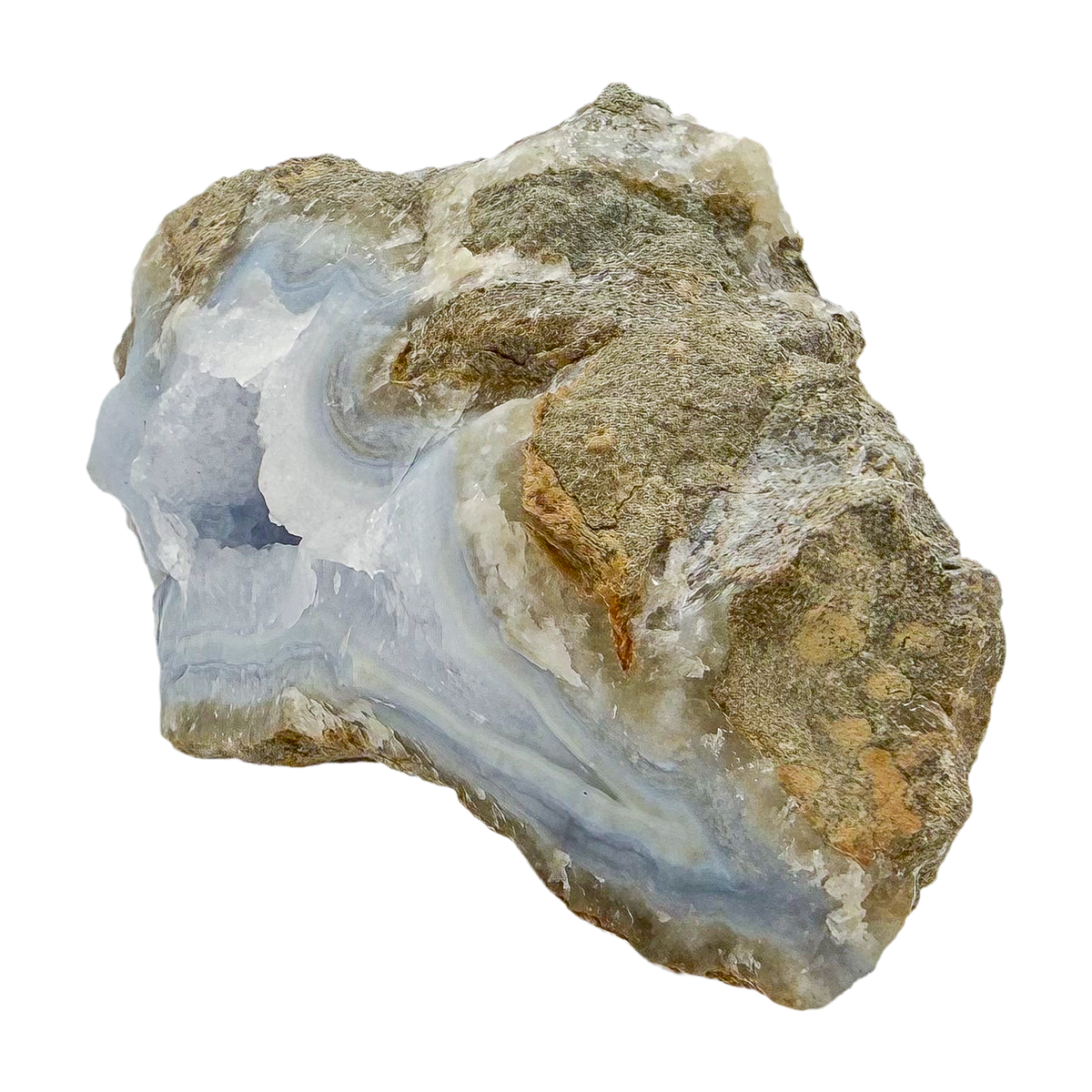 Blue lace agate raw geode from Malawi, uncut host rock framing the blue banded interior