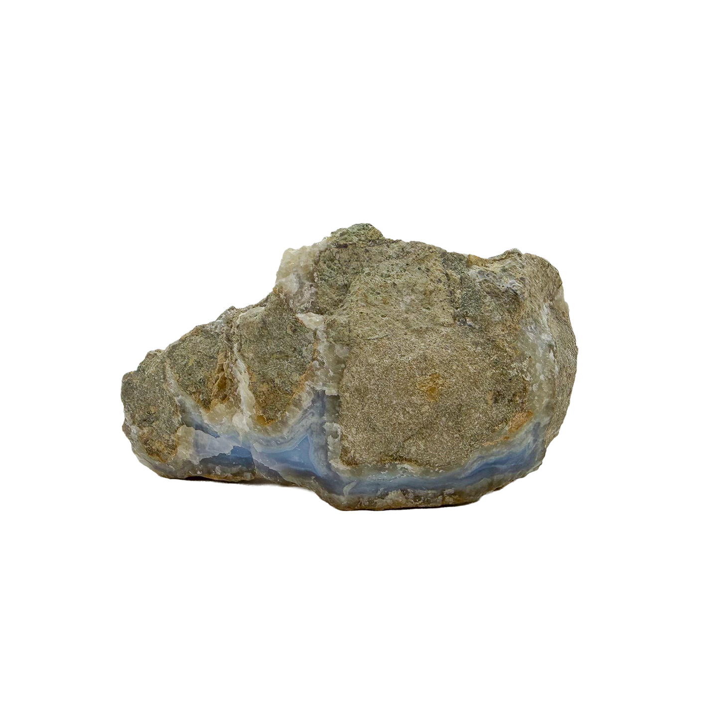 Blue lace agate raw geode, angled view of banded blue chalcedony