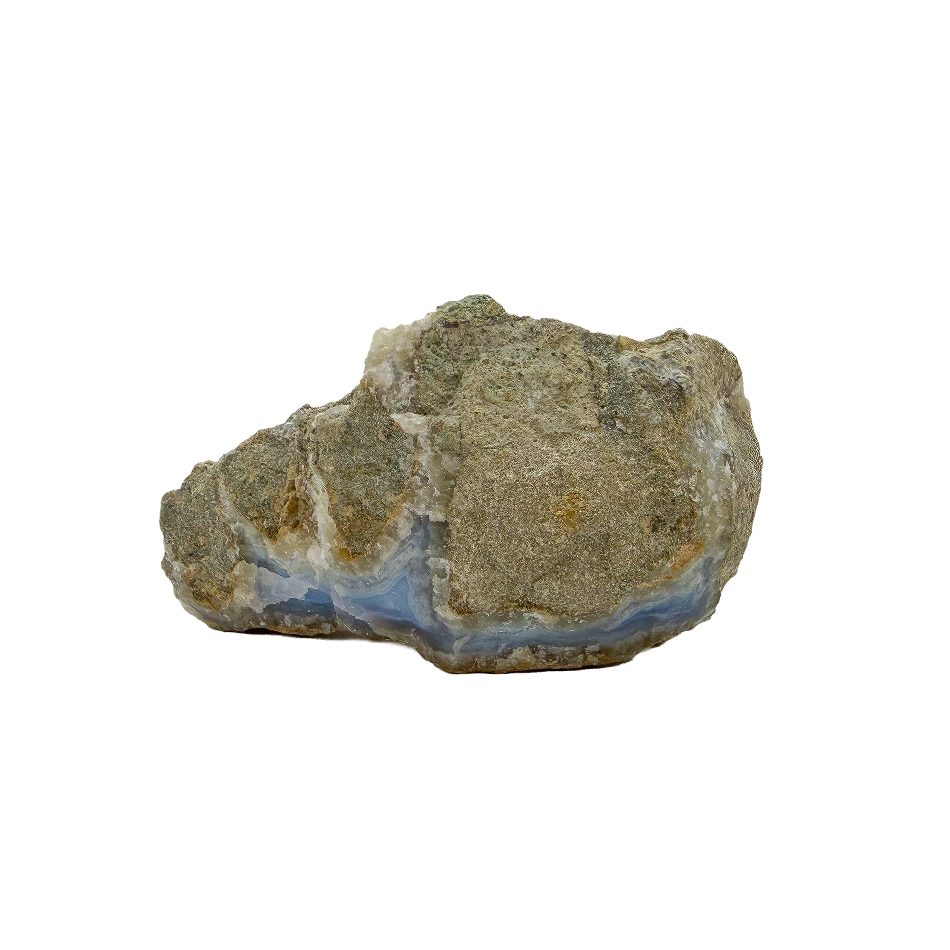 Blue lace agate raw geode, angled view of banded blue chalcedony