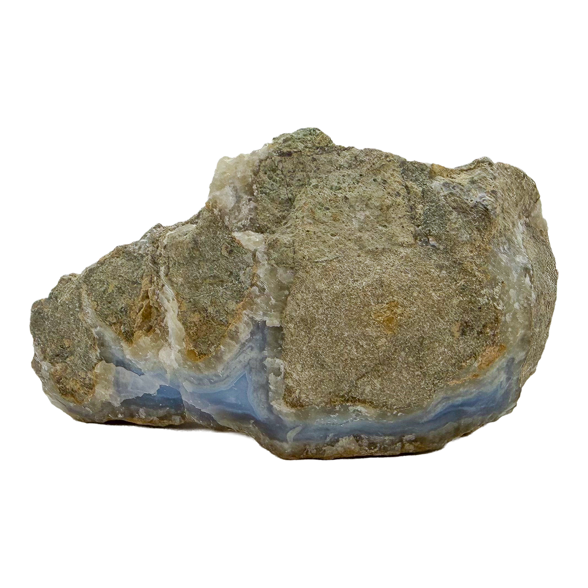 Blue lace agate raw geode, angled view of banded blue chalcedony
