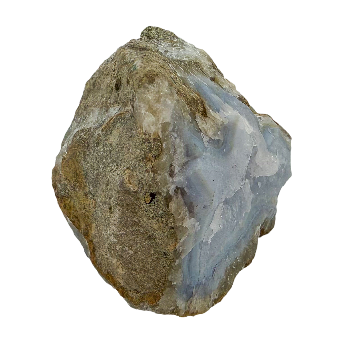 Blue lace agate raw geode, detail of pale blue lacy banding