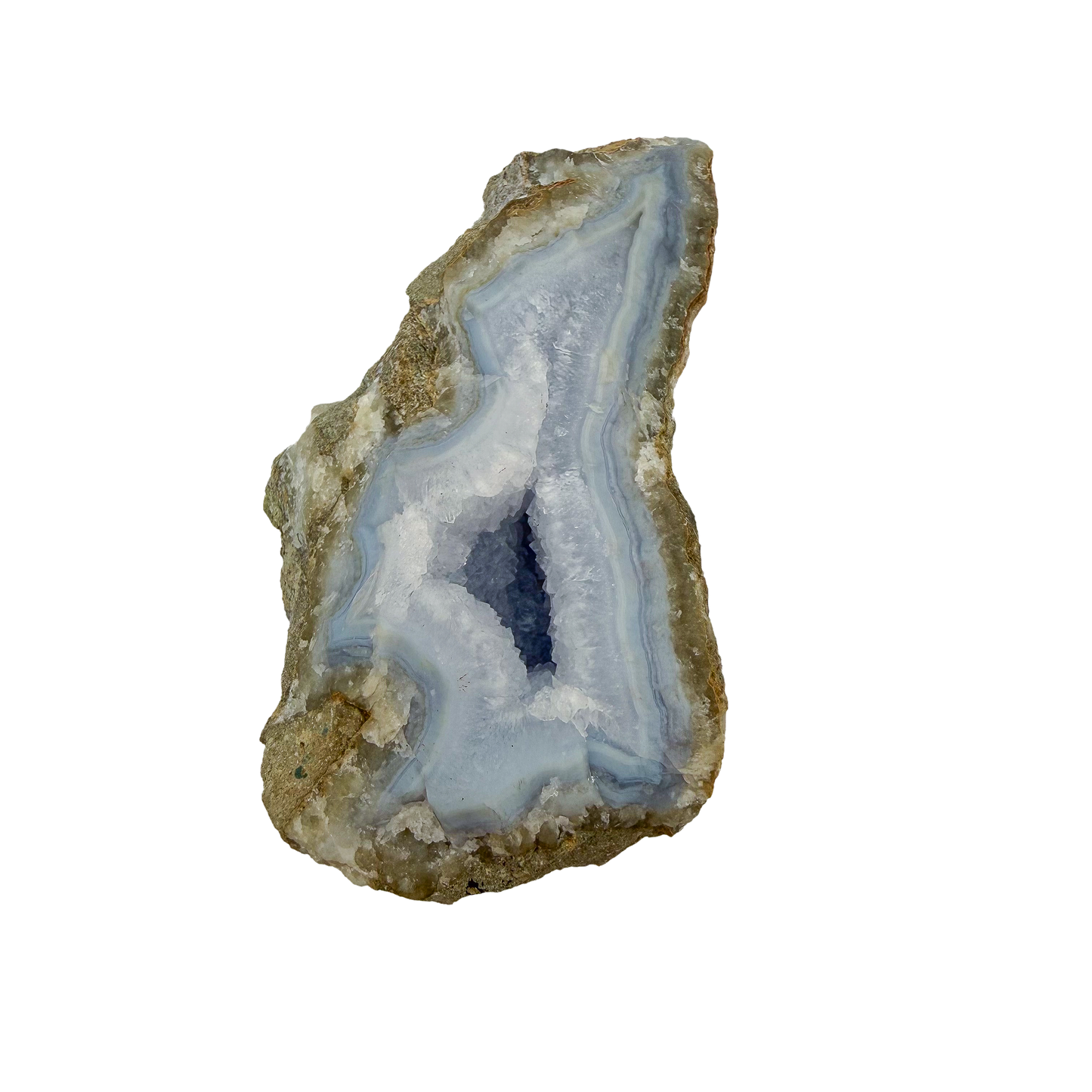 Blue lace agate raw geode, open cavity showing fine druzy crystal