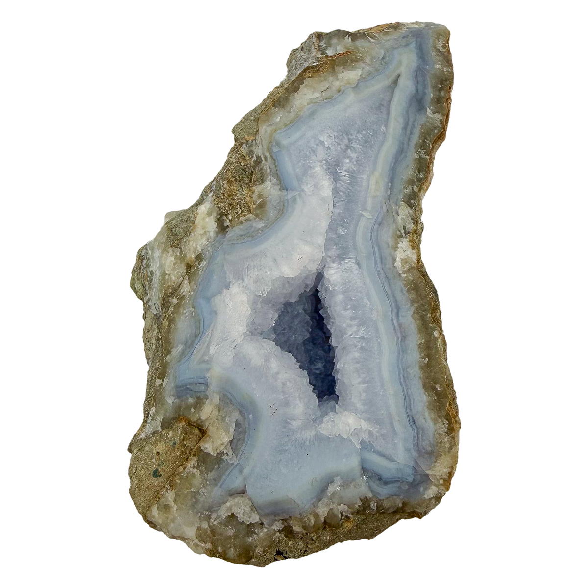 Blue lace agate raw geode, open cavity showing fine druzy crystal