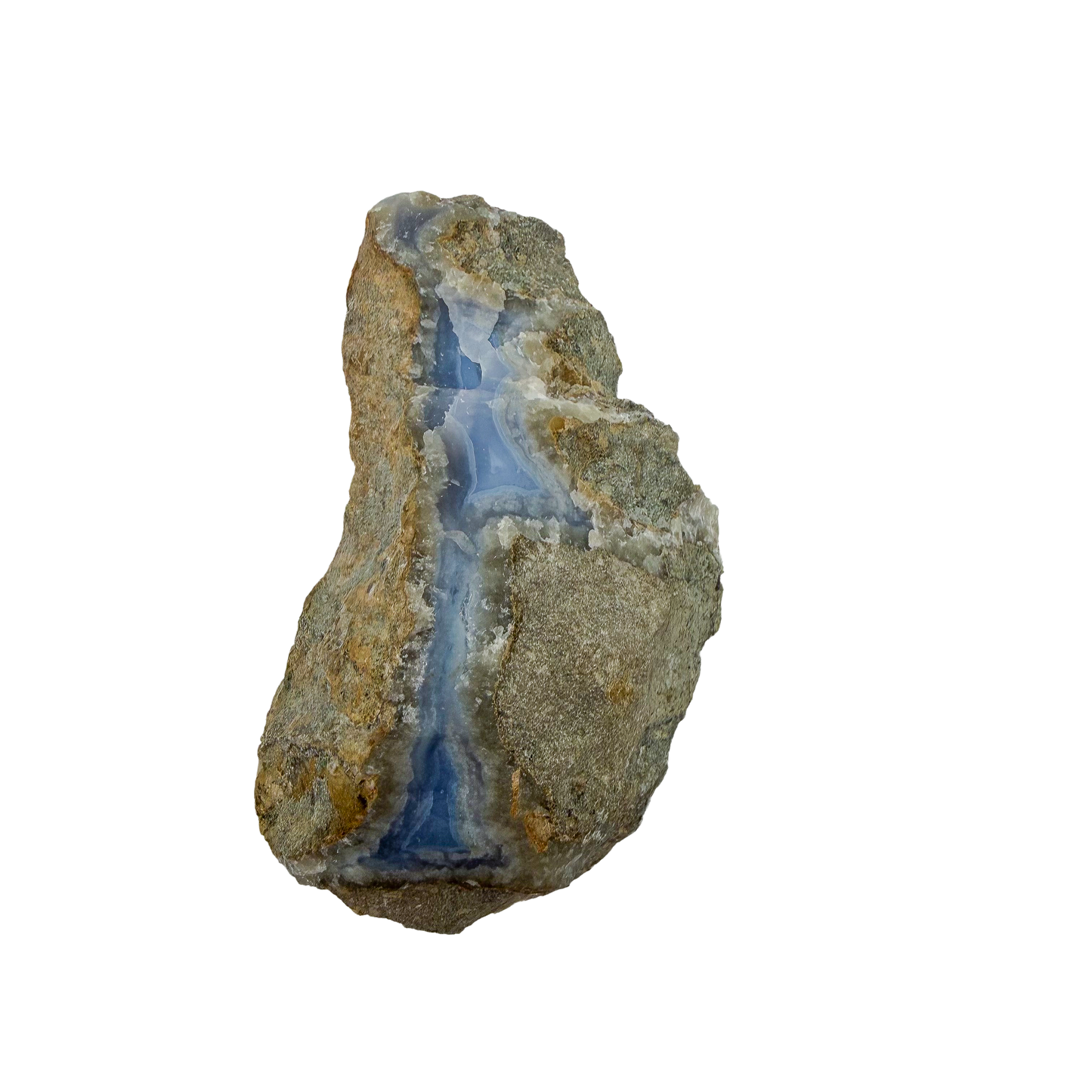 Blue lace agate raw geode, rear view of rough tan and grey host rock