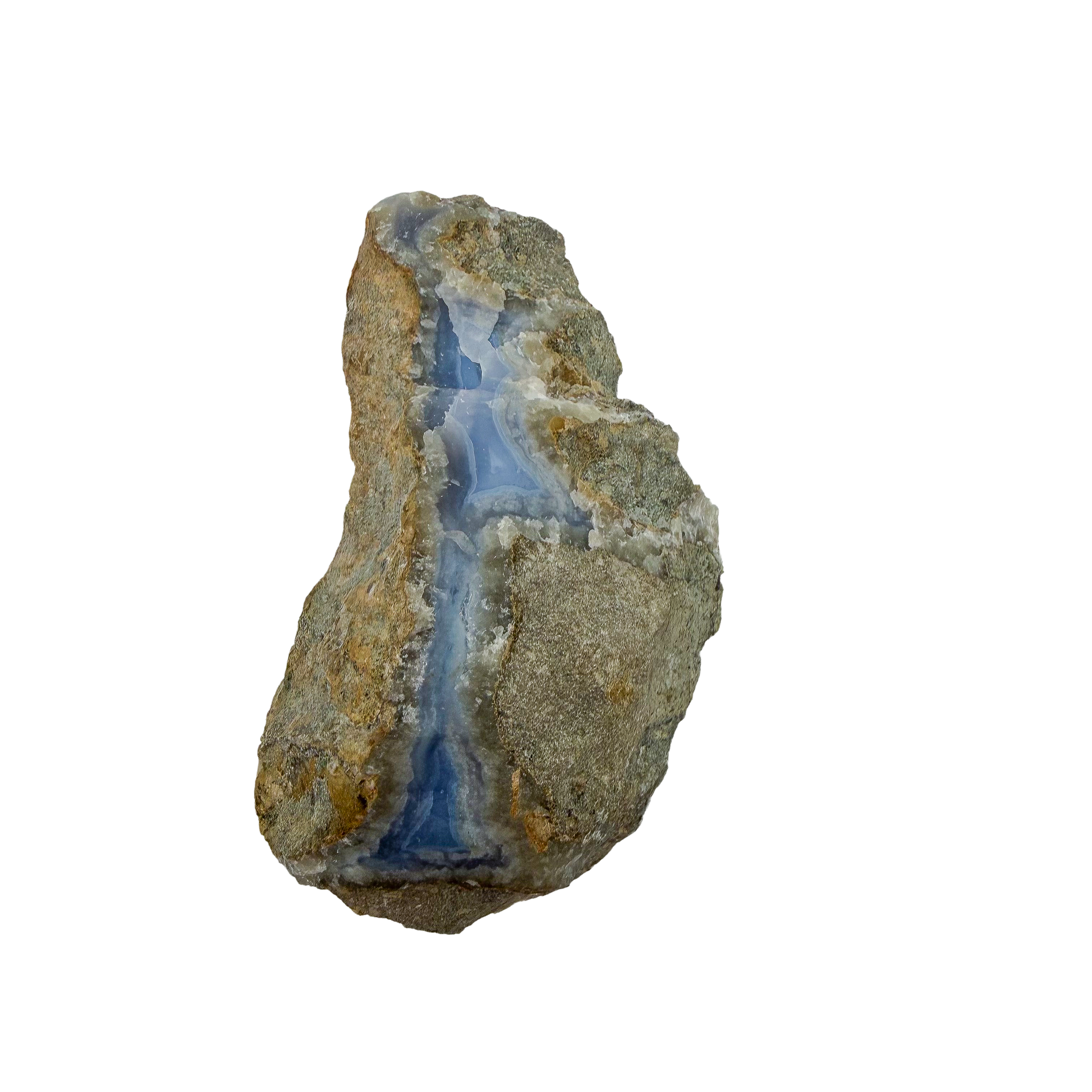 Blue lace agate raw geode, rear view of rough tan and grey host rock