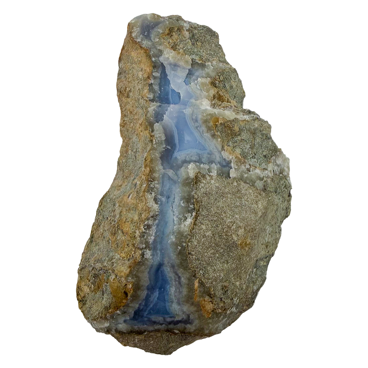 Blue lace agate raw geode, rear view of rough tan and gray host rock