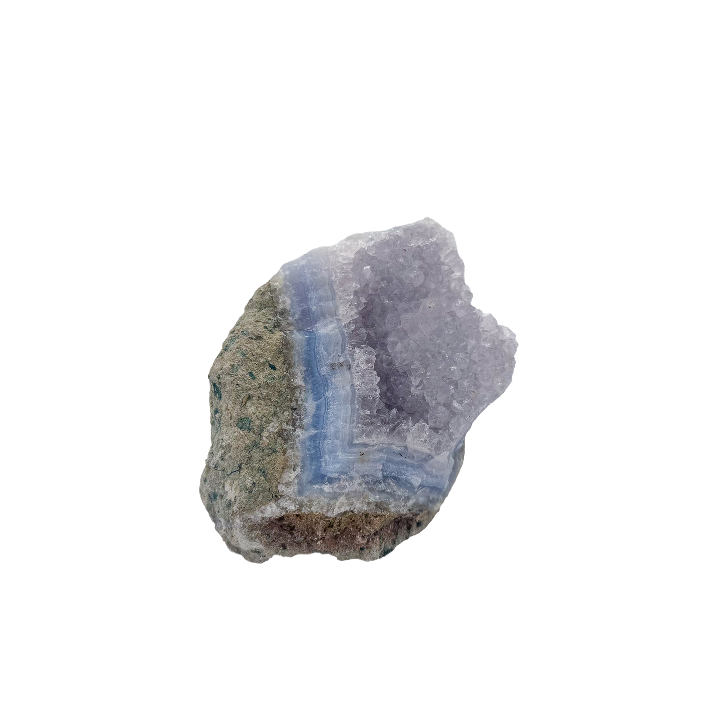 Blue lace agate raw geode from Malawi, AA grade, 4.29 inch piece with soft cloud-like blue banding
