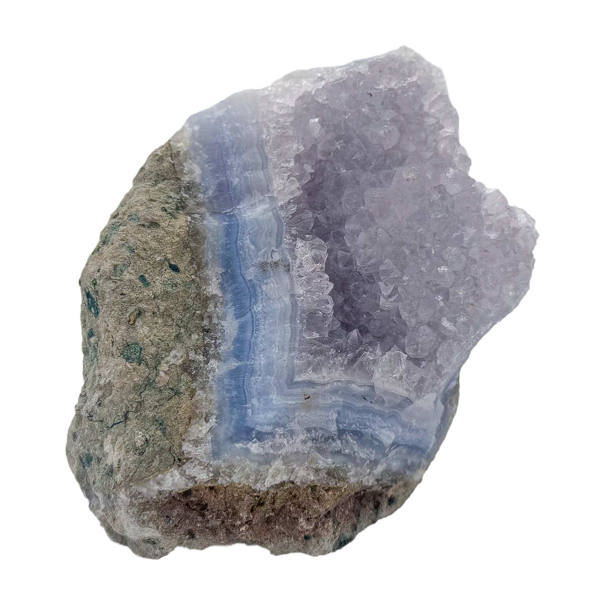 Blue lace agate raw geode from Malawi, AA grade, 4.29 inch piece with soft cloud-like blue banding