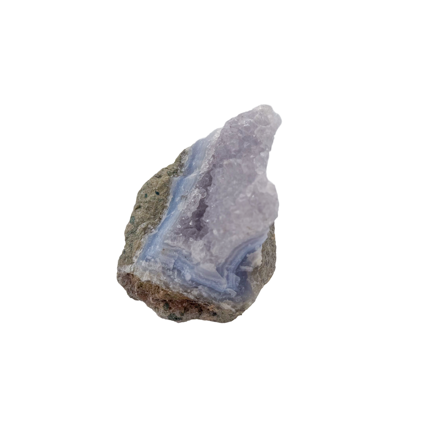 Blue lace agate raw geode from Malawi, uncut host rock framing the blue banded interior