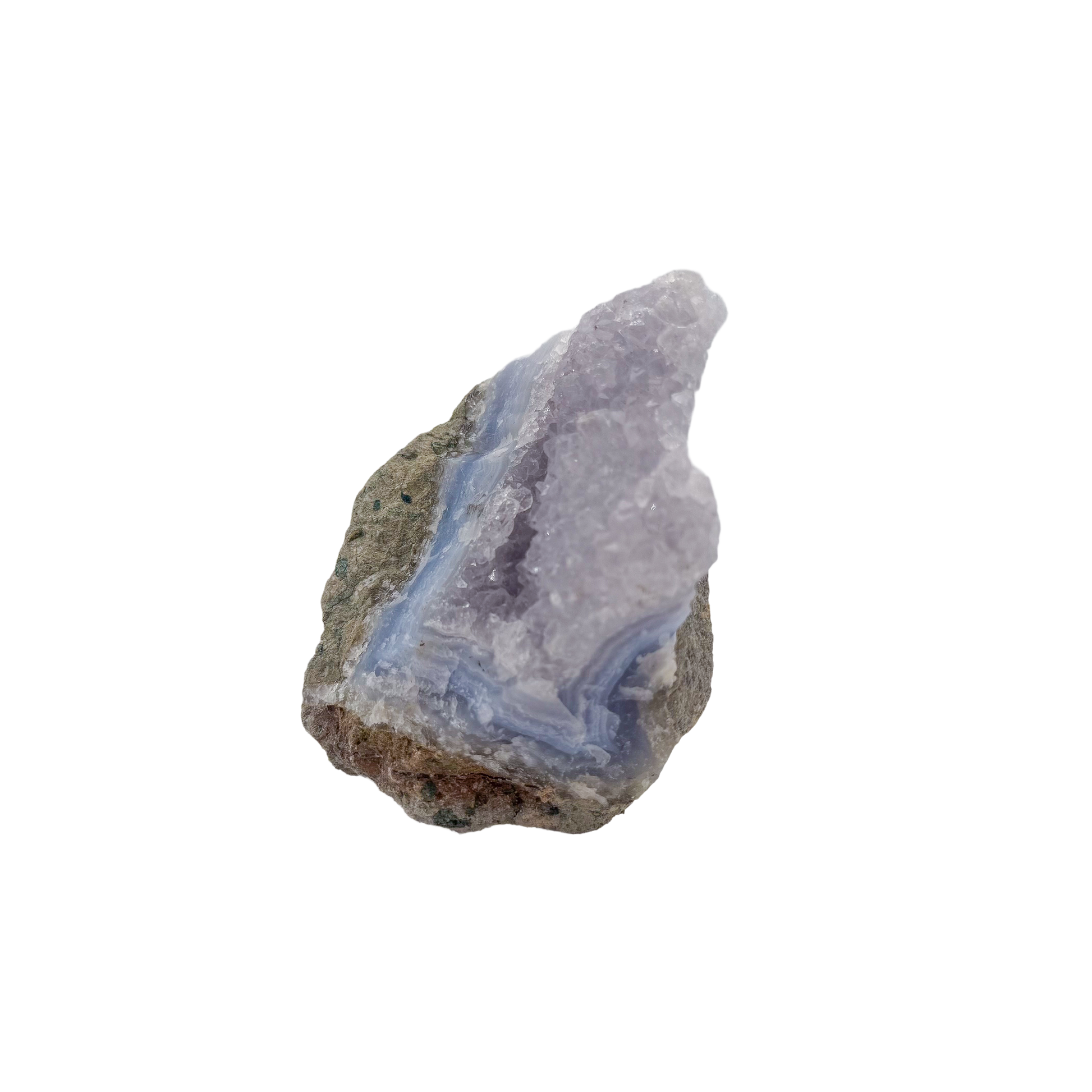 Blue lace agate raw geode from Malawi, uncut host rock framing the blue banded interior