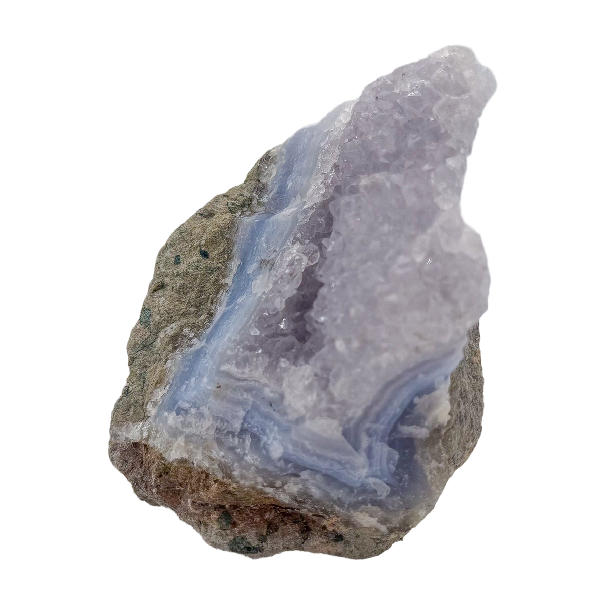 Blue lace agate raw geode from Malawi, uncut host rock framing the blue banded interior