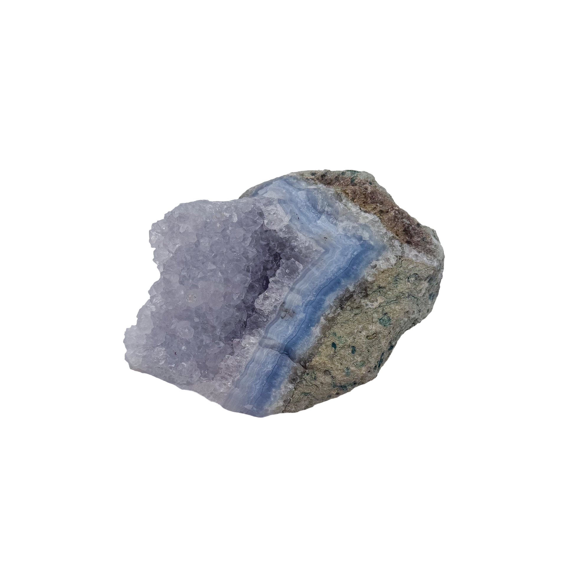 Blue lace agate raw geode, wide blue banded face across the open vug