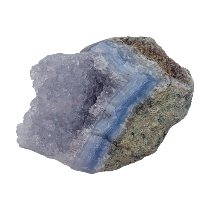 Blue lace agate raw geode, wide blue banded face across the open vug