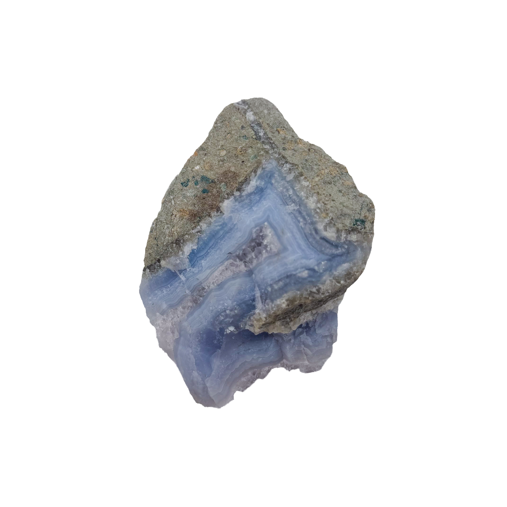 Blue lace agate raw geode, detail of pale blue lacy banding