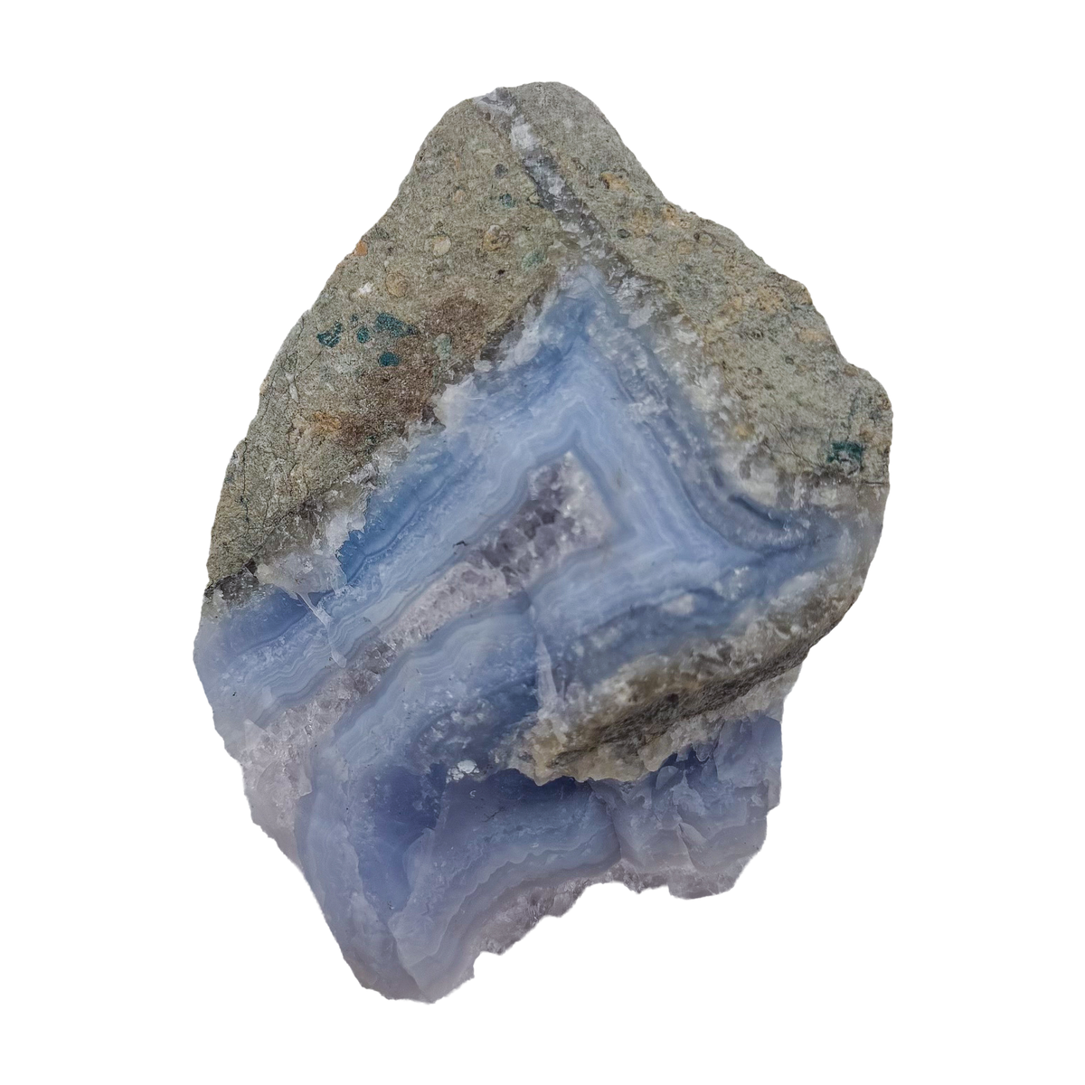 Blue lace agate raw geode, detail of pale blue lacy banding