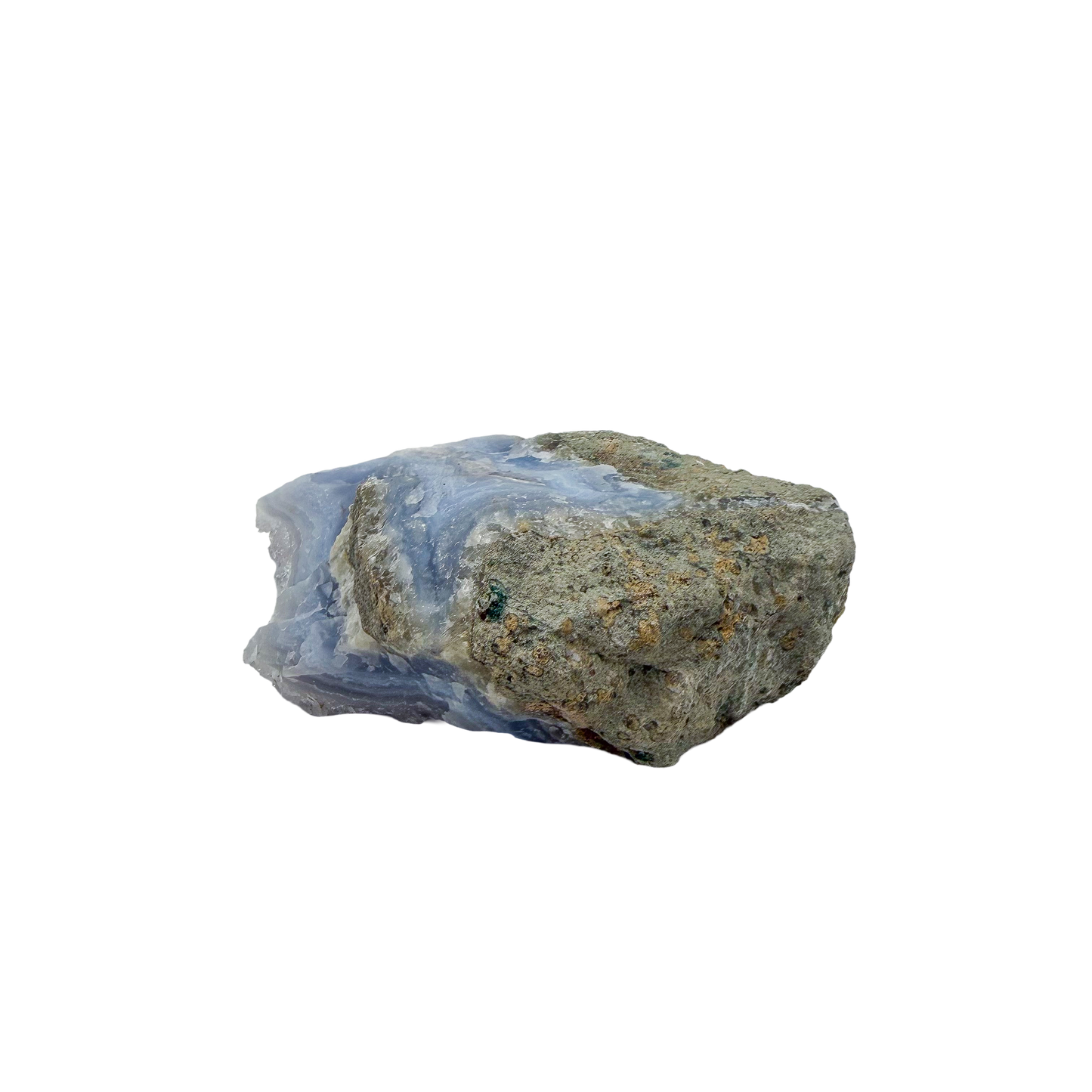 Blue lace agate raw geode, side profile of the uncut nodule