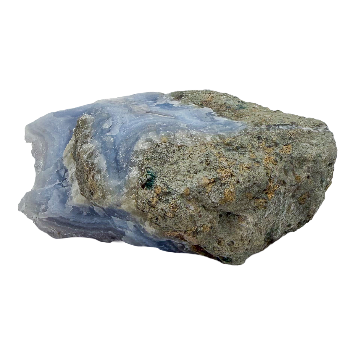 Blue lace agate raw geode, side profile of the uncut nodule