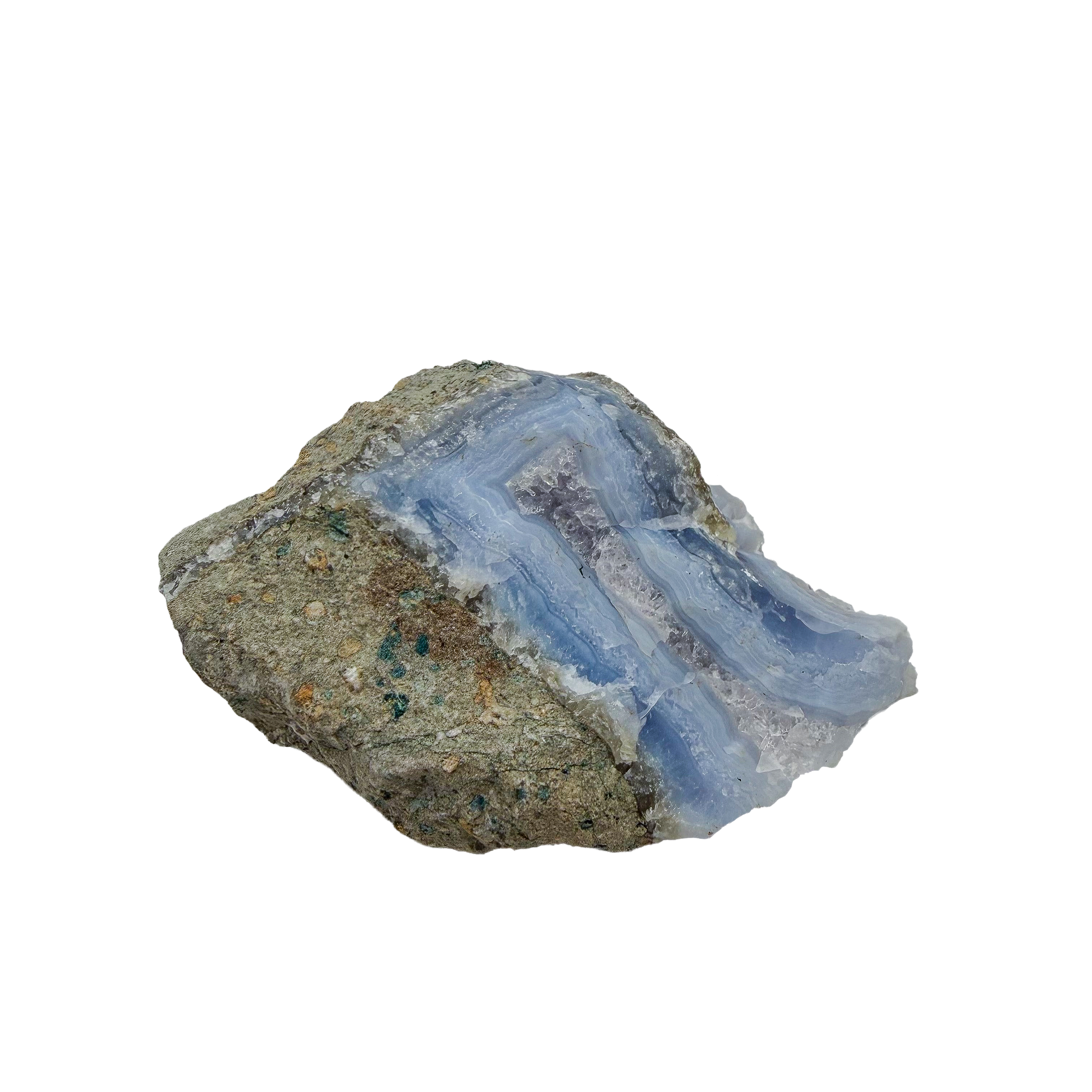 Blue lace agate raw geode, rear view of rough tan and grey host rock
