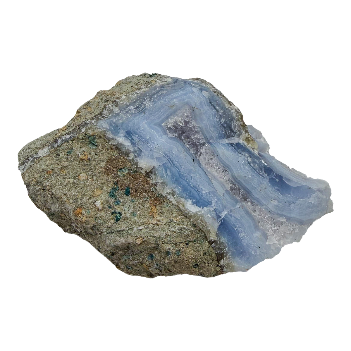 Blue lace agate raw geode, rear view of rough tan and gray host rock