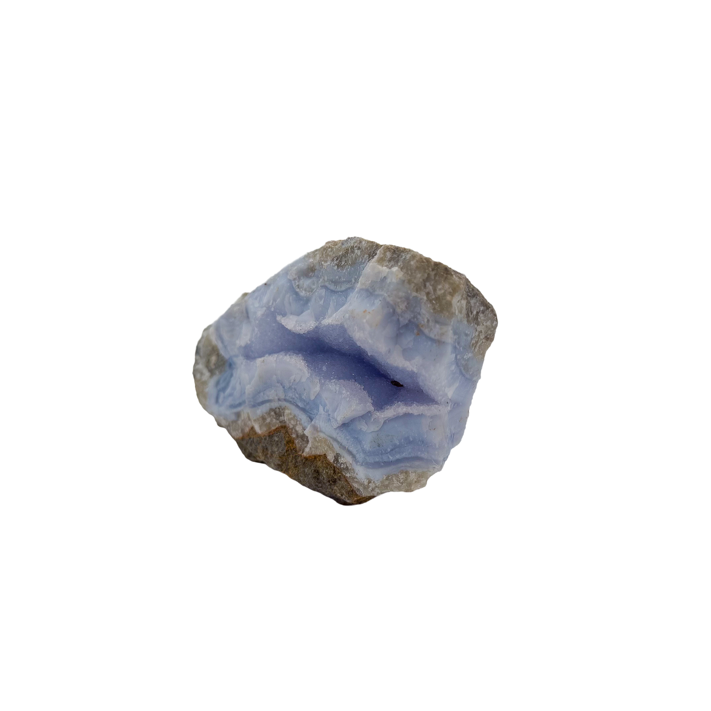 Blue lace agate raw geode from Malawi, blue banded cavity in uncut host rock