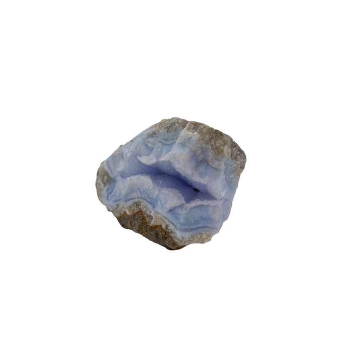 Blue lace agate raw geode from Malawi, blue banded cavity in uncut host rock