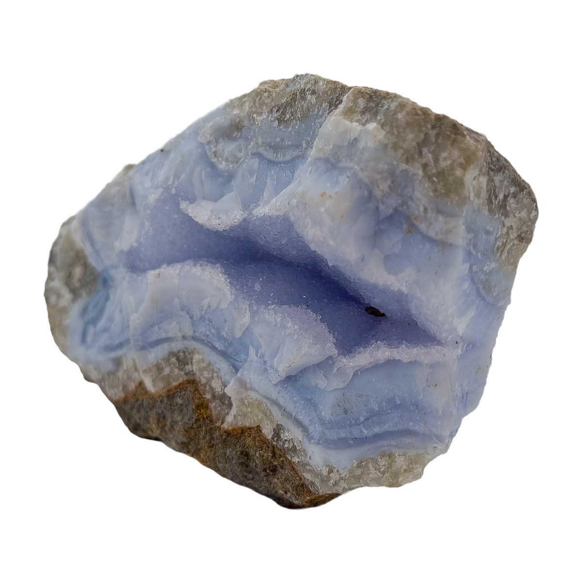Blue lace agate raw geode from Malawi, blue banded cavity in uncut host rock