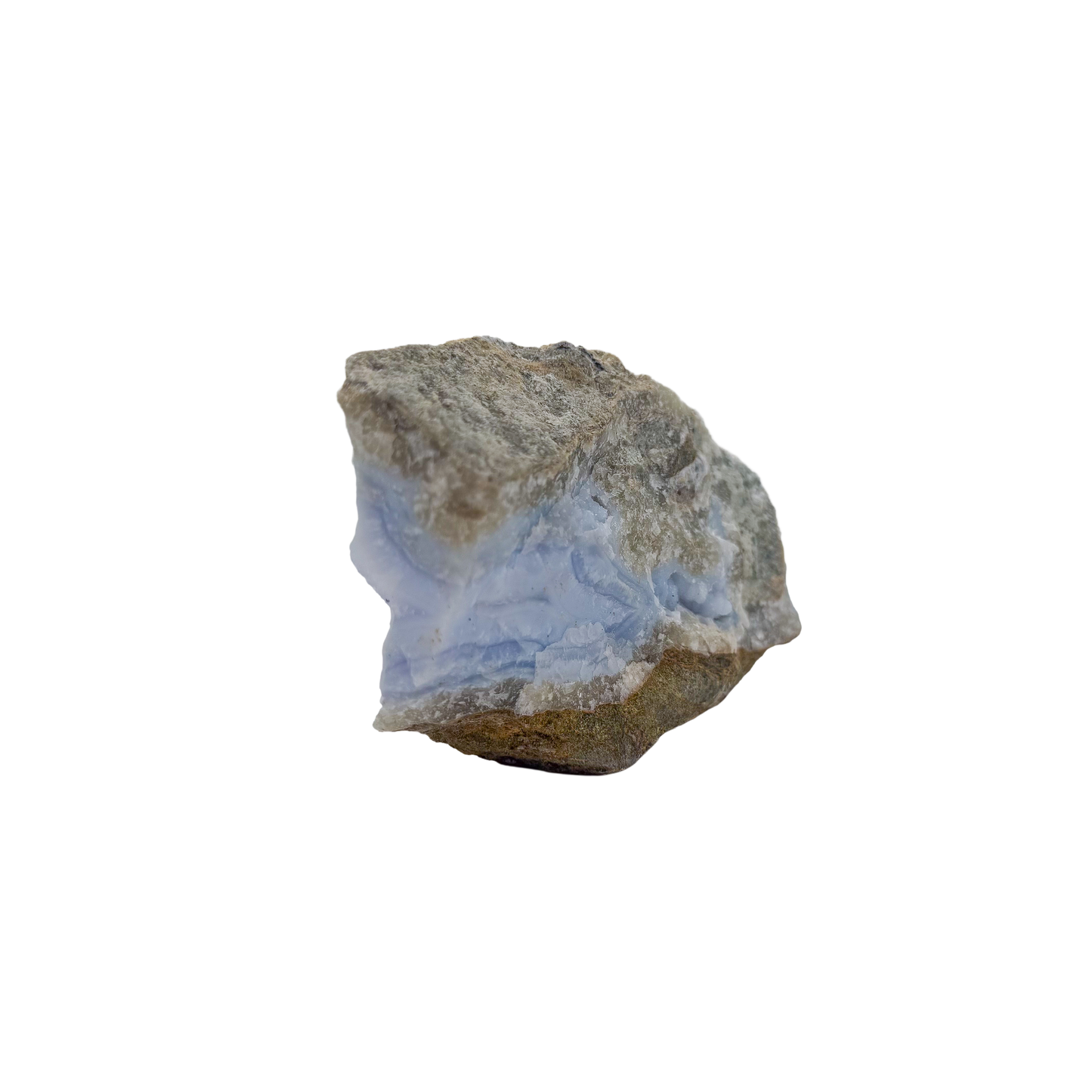 Blue lace agate raw geode, angled view of banded blue chalcedony