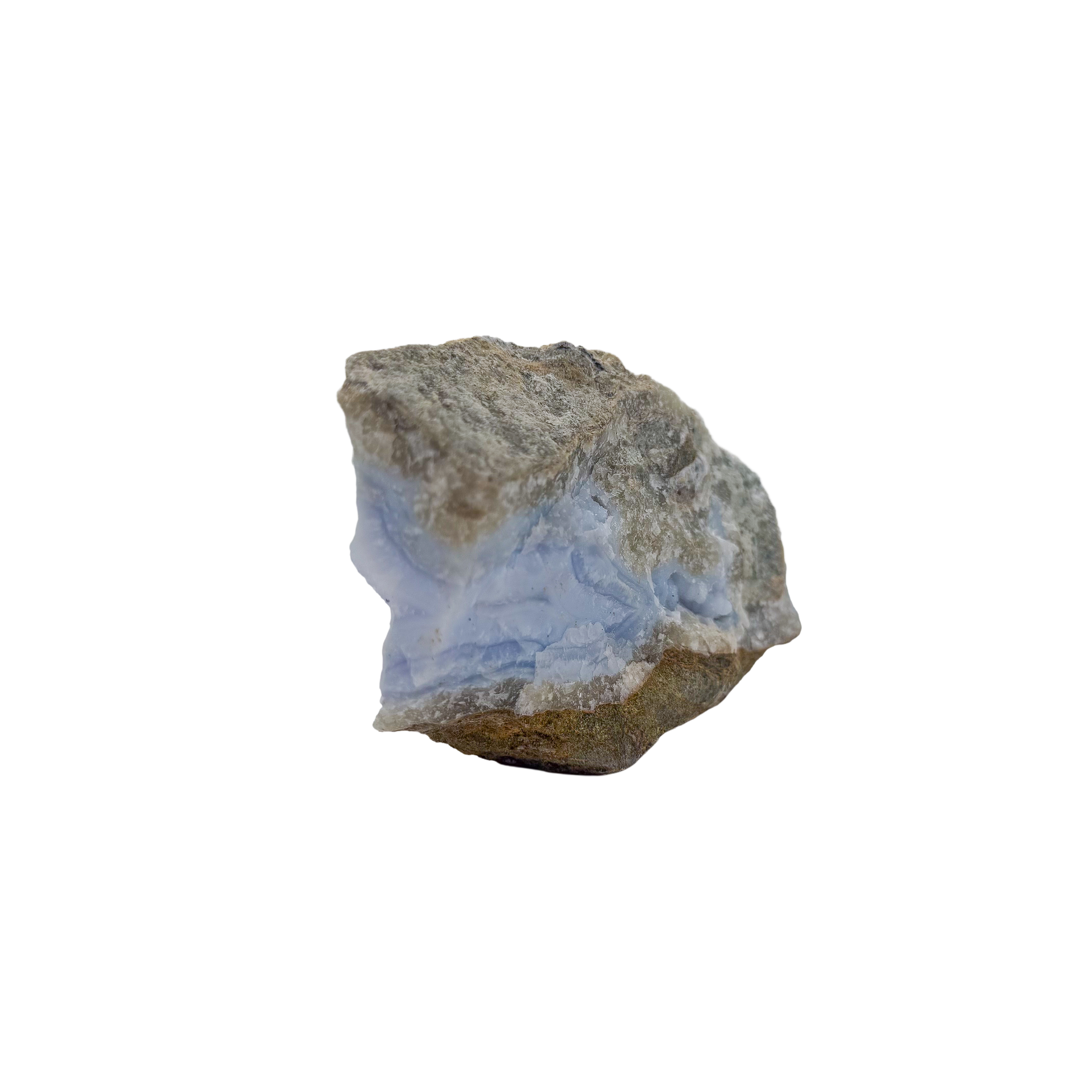 Blue lace agate raw geode, angled view of banded blue chalcedony