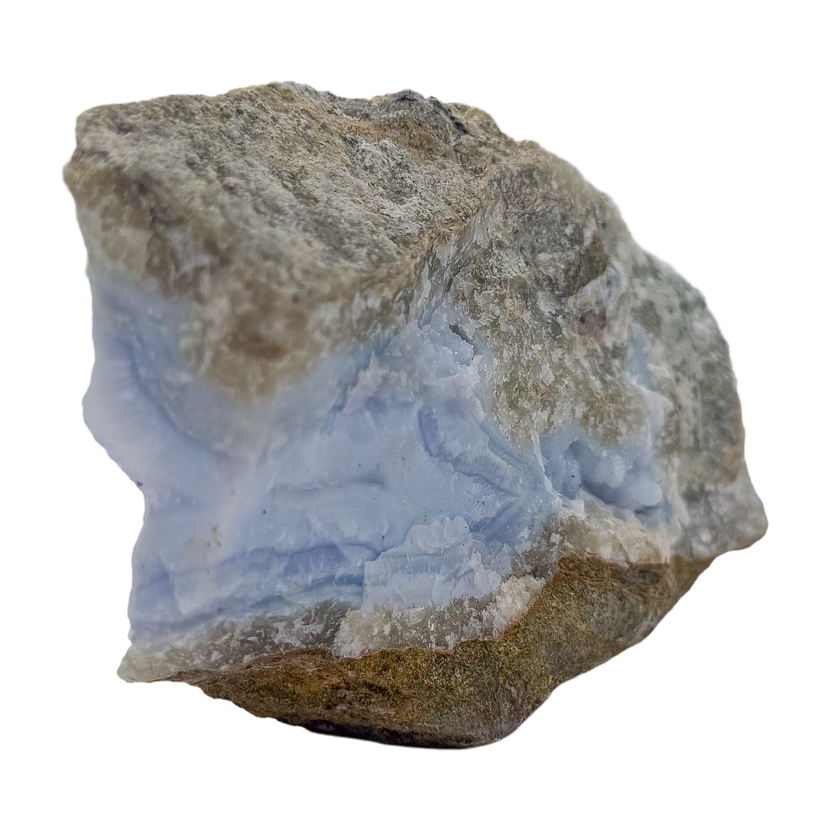 Blue lace agate raw geode, angled view of banded blue chalcedony