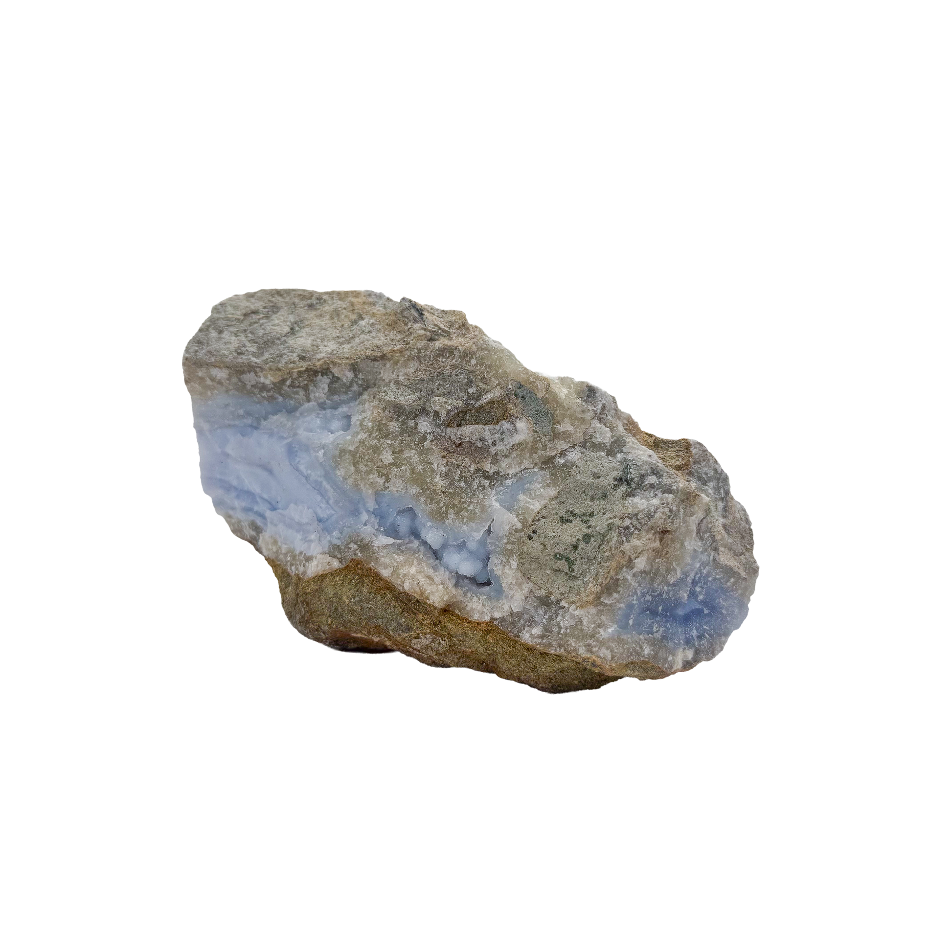 Blue lace agate raw geode, detail of pale blue lacy banding