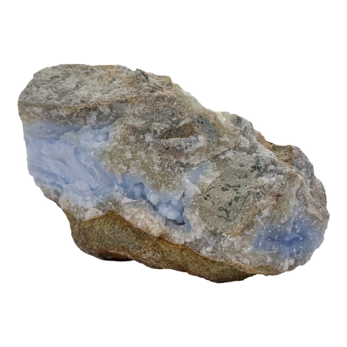 Blue lace agate raw geode, detail of pale blue lacy banding