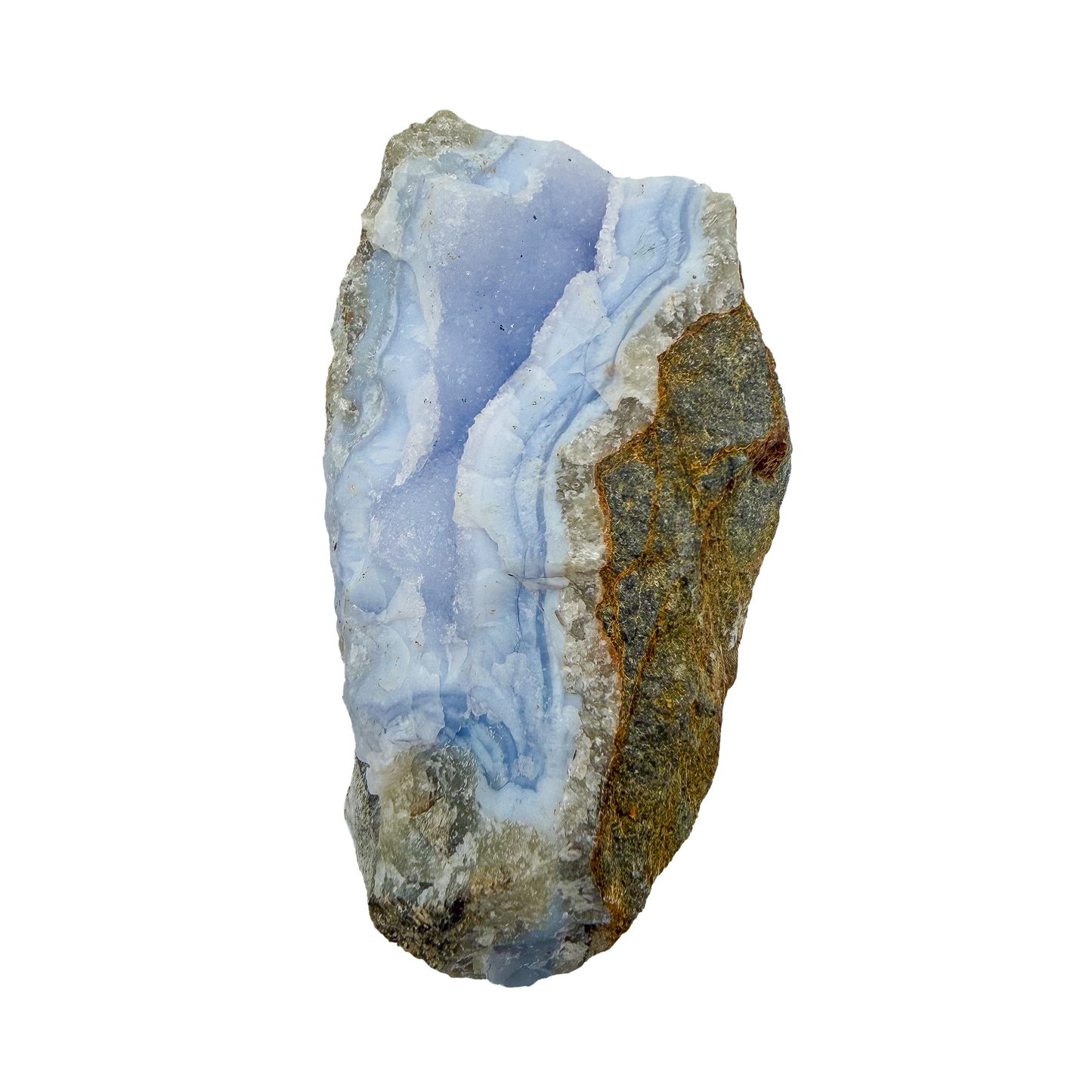 Blue lace agate raw geode, upright view of the open blue cavity