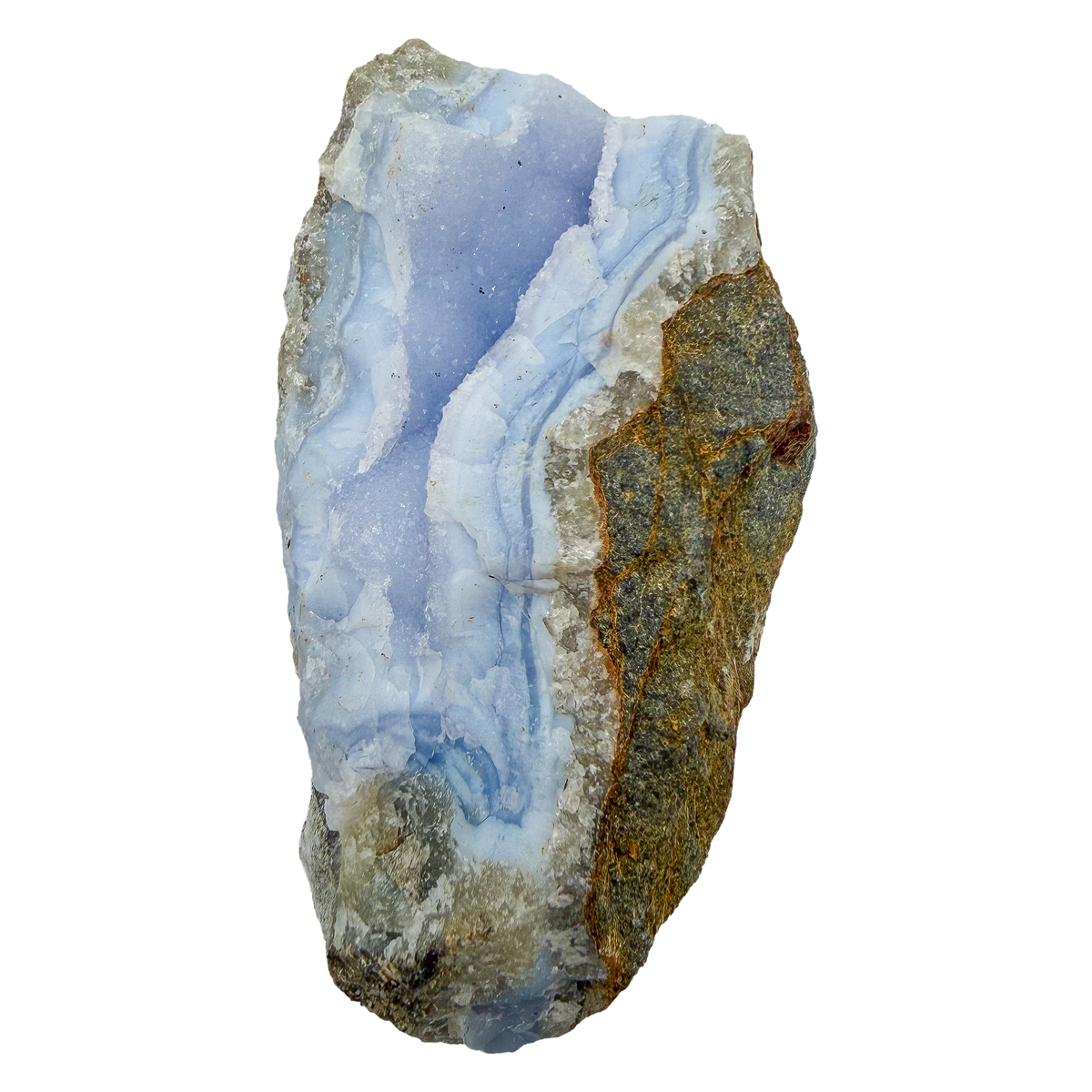 Blue lace agate raw geode, upright view of the open blue cavity