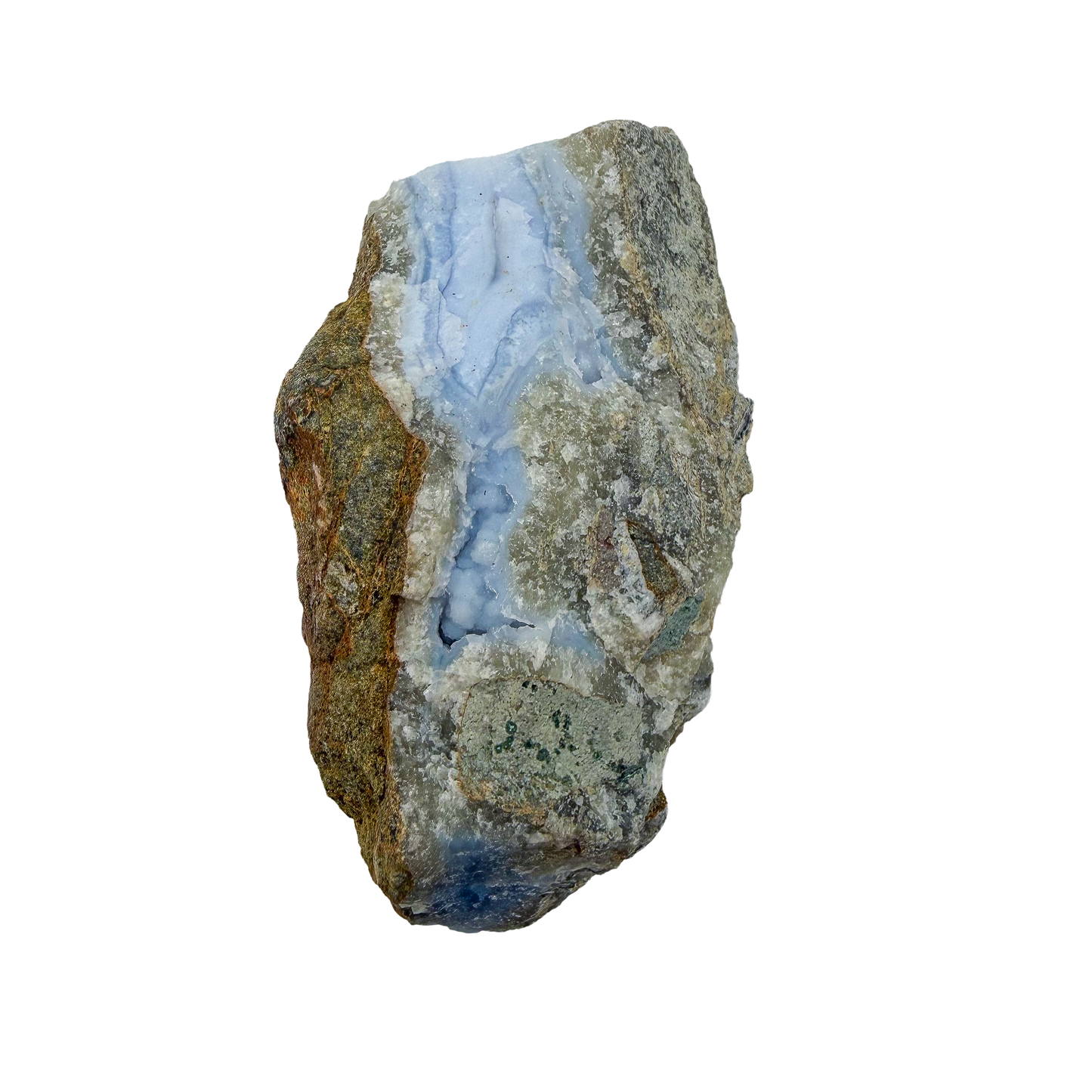 Blue lace agate raw geode, rear view of rough tan and grey host rock