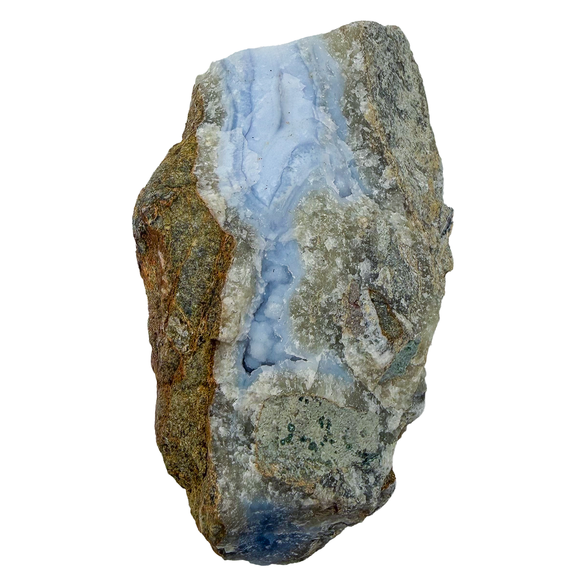 Blue lace agate raw geode, rear view of rough tan and gray host rock