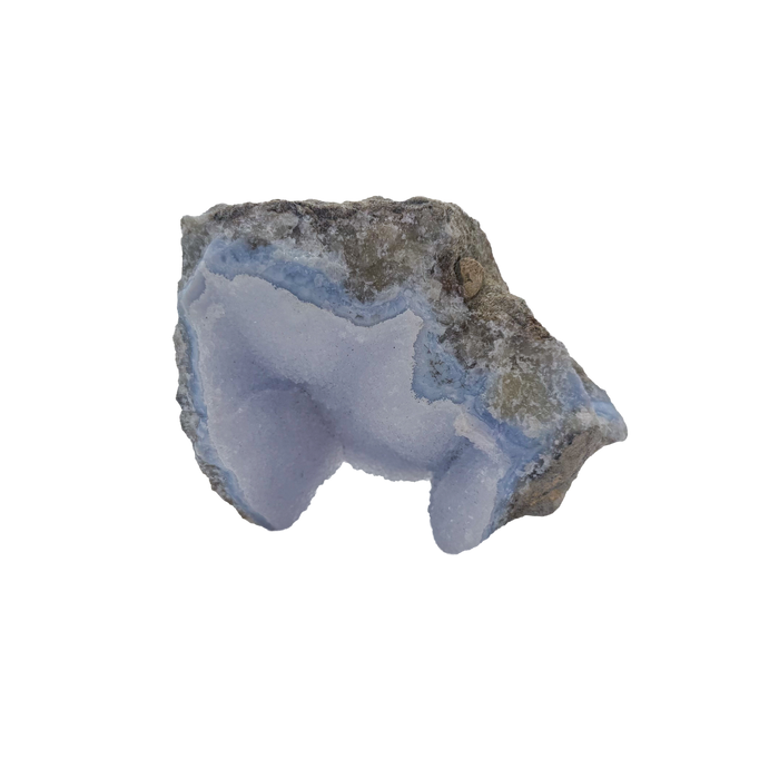 Blue lace agate raw geode from Malawi, AA grade, 4.88 inch upright piece with a blue banded face