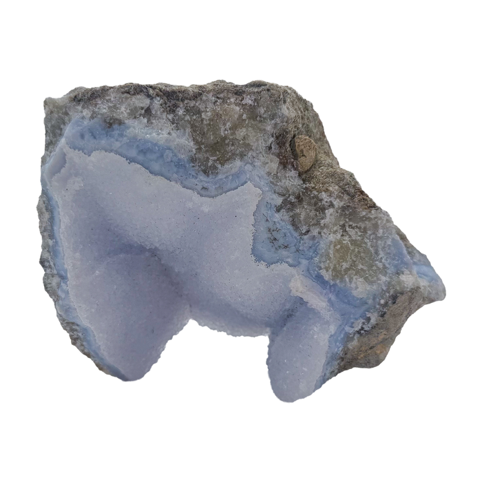 Blue lace agate raw geode from Malawi, AA grade, 4.88 inch upright piece with a blue banded face