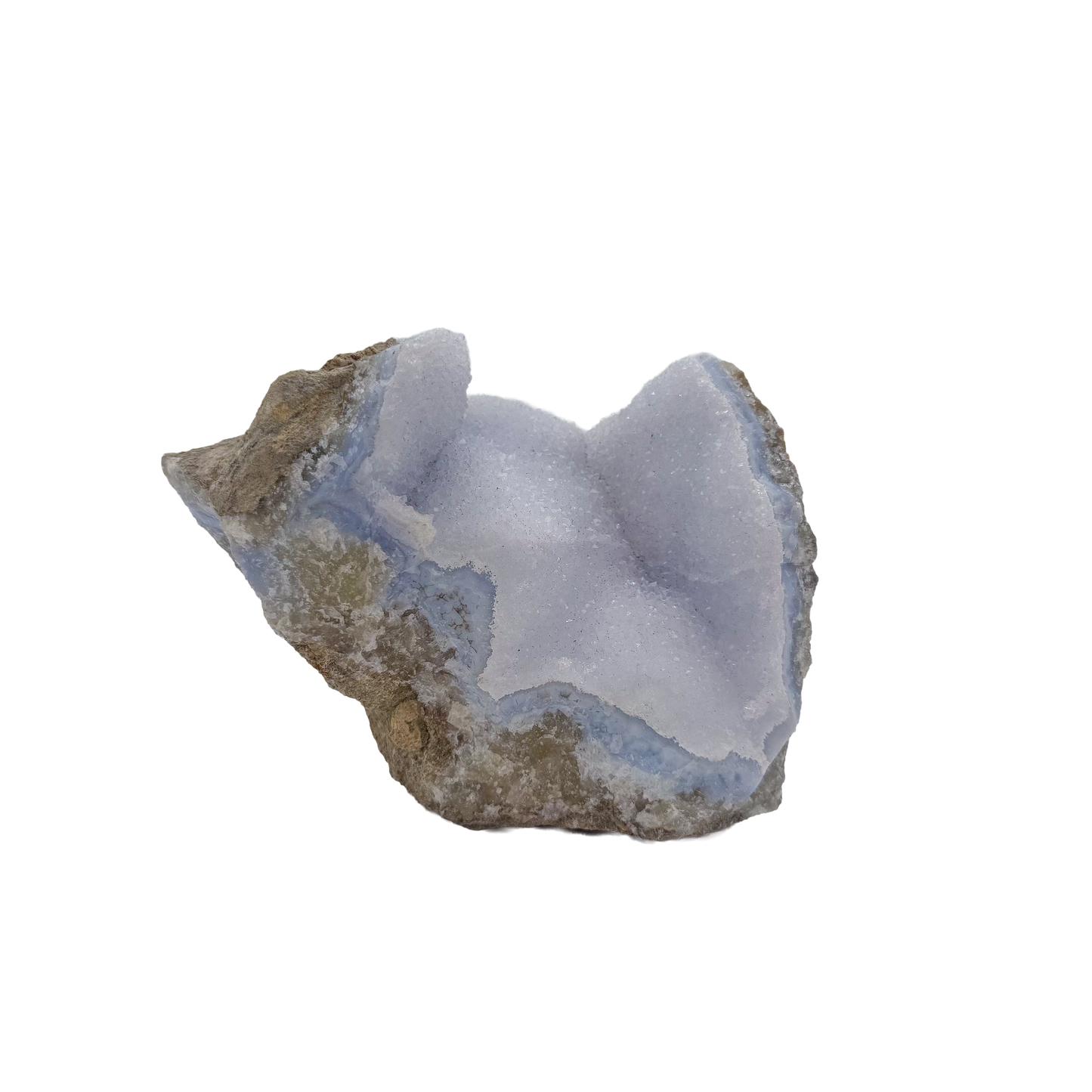 Blue lace agate raw geode from Malawi, uncut host rock framing the blue banded interior