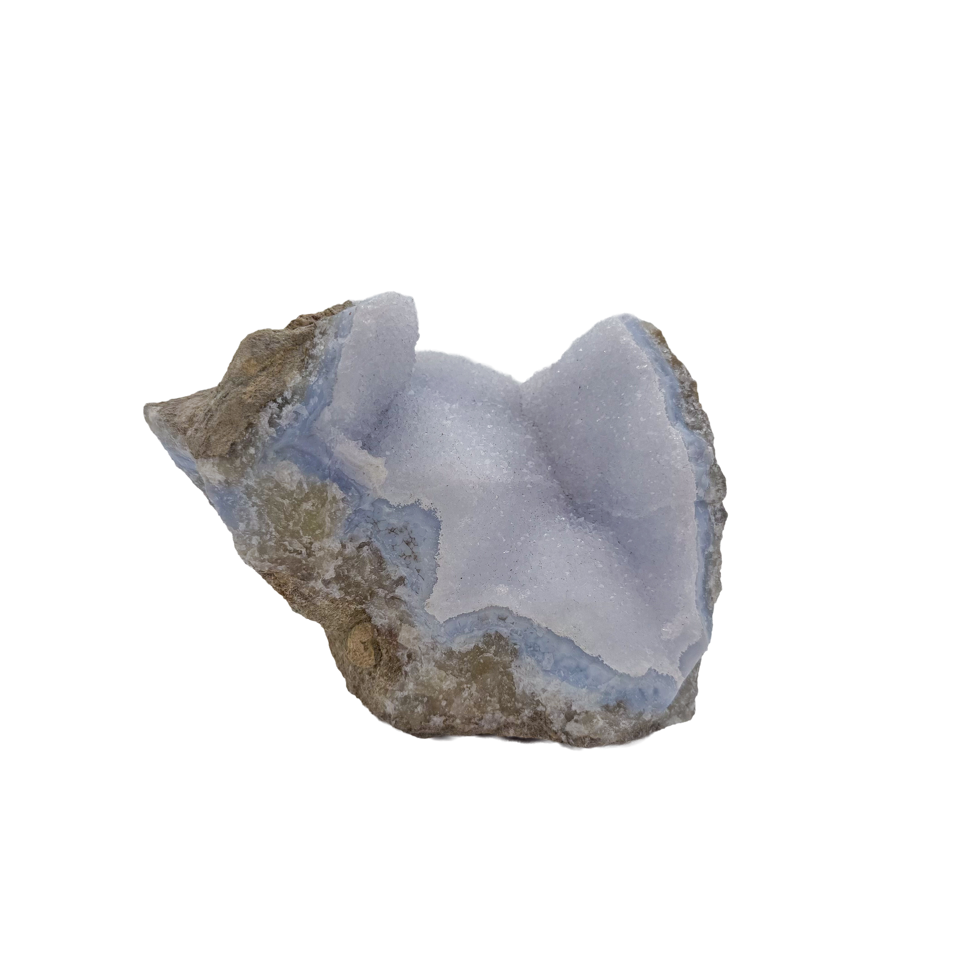 Blue lace agate raw geode from Malawi, uncut host rock framing the blue banded interior