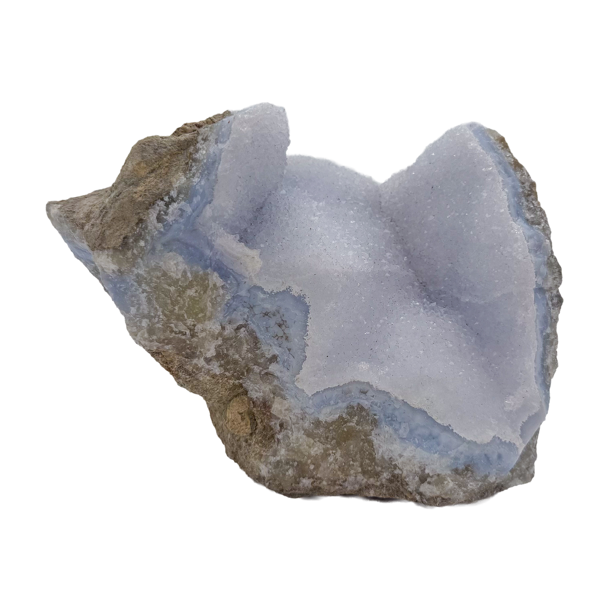Blue lace agate raw geode from Malawi, uncut host rock framing the blue banded interior