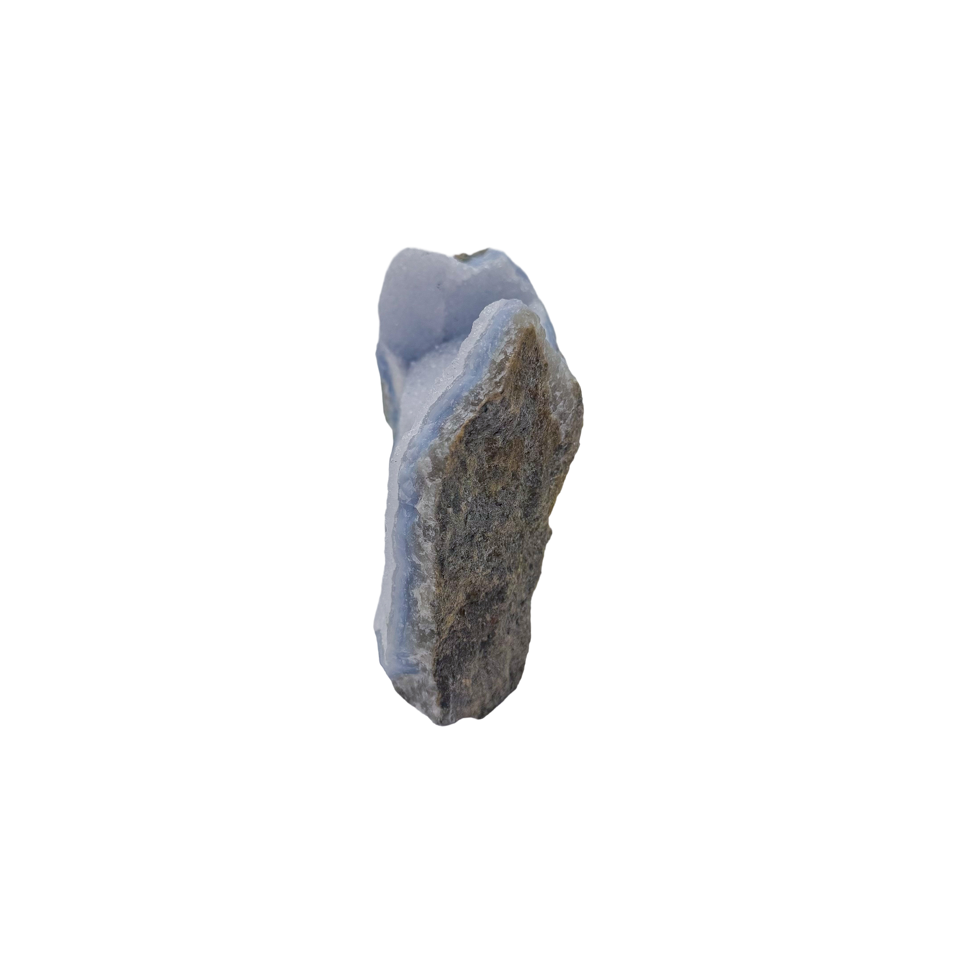 Blue lace agate raw geode, narrow profile of the standing wedge