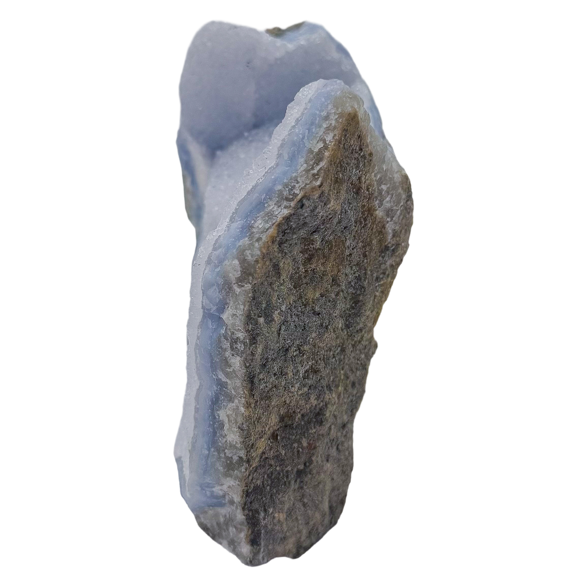 Blue lace agate raw geode, narrow profile of the standing wedge